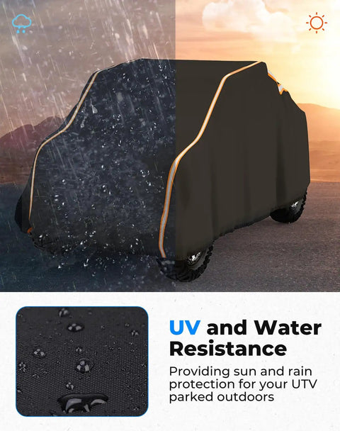 Heavy Duty UTV Cover For 2 To 3 Seaters, Medium Size With Reflective Strip, showing waterproof and UV-resistant features outdoors