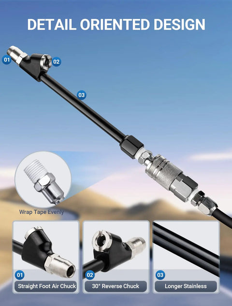 Extended Reach Dual Head Air Chuck Set 1 Quarter Inch FNPT With Quick Plug shown in detail-oriented design settings