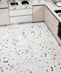 Waterproof Peel And Stick Terrazzo Floor Tiles 20 Pack 12X12 Inch Vinyl Flooring installed in kitchen, white marble look.