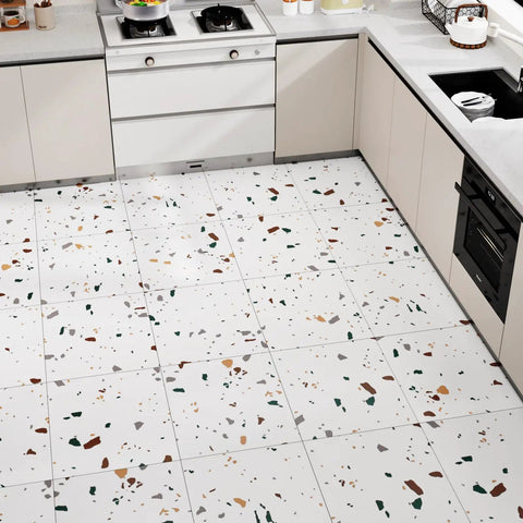 Waterproof Peel And Stick Terrazzo Floor Tiles 20 Pack 12X12 Inch Vinyl Flooring installed in kitchen, white marble look.