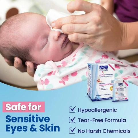 Parent using Gentle Baby Eye Wipes for Newborns and Toddlers Tear Free and Rinse Free on sleeping baby