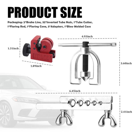 25ft Brake Line Kit With One Quarter Inch And Three Sixteenths Inch Lines Flare Tool Set showing tool sizes and car in background