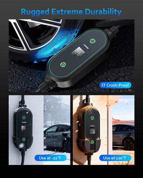 Portable Level One and Level Two EV Charger ETL Certified, 3T crush-proof, durable in extreme temperatures, with J1772 compatibility.