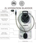 2 Liter Hydration Bladder Leak Proof Water Reservoir With Wide Opening BPA Free Taste Free Pressure Tolerant Military Grade Water Carrier For Biking Hiking Running Camping And Climbing Ride Ready Fits Hydration Backpacks with labeled features.