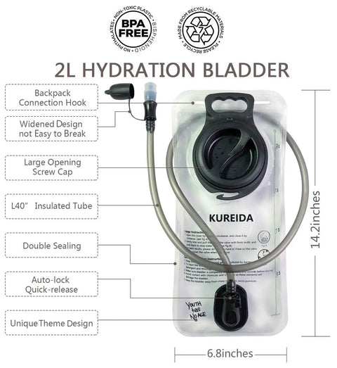 2 Liter Hydration Bladder Leak Proof Water Reservoir With Wide Opening BPA Free Taste Free Pressure Tolerant Military Grade Water Carrier For Biking Hiking Running Camping And Climbing Ride Ready Fits Hydration Backpacks with labeled features.