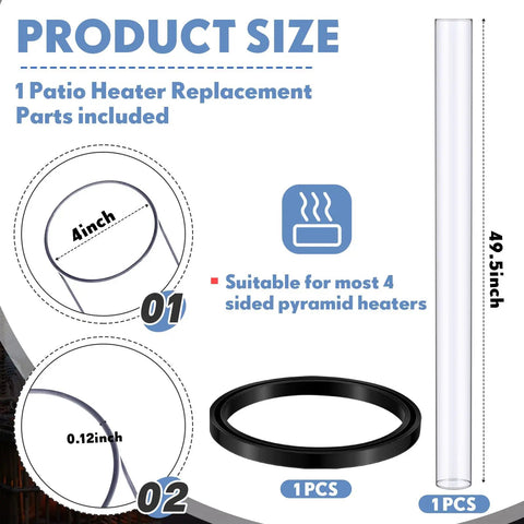 Quartz Glass Tube Replacement For Patio Heater 49.5 X 4 Inch Clear With Silicone Connecting Ring dimensions and parts