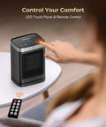 Space Heater With Motion Sensor Portable Indoor Ceramic Heater 1500W Oscillating With Remote Timer And Thermostat close-up on table