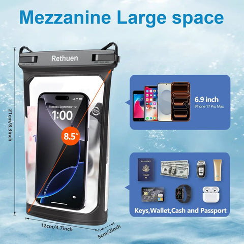 2 Pack Dope Floating Waterproof Phone Pouches With Large Capacity Dry Bag showing dimensions and contents like phone and accessories