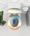 Chill Tropical Beach Resin Toilet Seat Featuring A Sunny Thatched Umbrella Motif on a toilet with a soft close design.