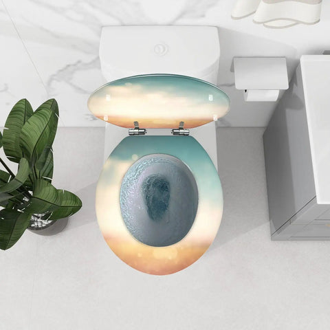 Chill Tropical Beach Resin Toilet Seat Featuring A Sunny Thatched Umbrella Motif on a toilet with a soft close design.