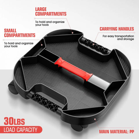 Portable Tool Creeper Caddy Tray With Four Swivel Wheels For Automotive Repair And Home Garage Use, showing compartments and handle.