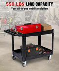 Heavy Duty Rolling Utility Cart Two Tier Service Cart With Wheels Ergonomic Handle 550 Lbs Capacity Plastic Tool Cart For Warehouse Garage Workshop And Kitchen Durable HDPE Trolley 40.5x17.7 Inches, black two-tier cart with tools and boxes