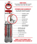 Diagram of All In One 9mm Gun Cleaning Kit with labeled components and red case for 9mm 357 and 38 cal handguns.