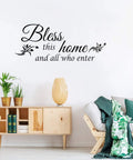 Living room with "Bless this home and all who enter" vinyl wall quote, part of Two Sheets Bless This Home Wall Decals For Kitchen And Living Room Inspirational Vinyl Quote Stickers For Entryway, Dining Area And Bedroom 12 By 35.4 Inches Each Easy DIY Wall Art set.