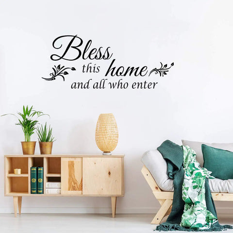 Living room with "Bless this home and all who enter" vinyl wall quote, part of Two Sheets Bless This Home Wall Decals For Kitchen And Living Room Inspirational Vinyl Quote Stickers For Entryway, Dining Area And Bedroom 12 By 35.4 Inches Each Easy DIY Wall Art set.