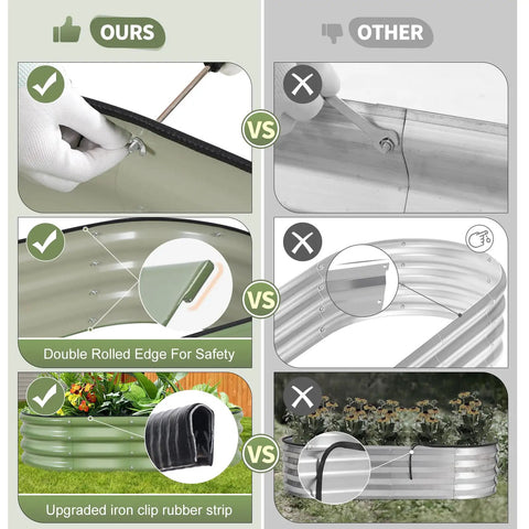 Comparison of Galvanized Steel Raised Garden Beds Kit Outdoor Two Piece Planter Box Set With other garden beds, highlighting safety and durability features.