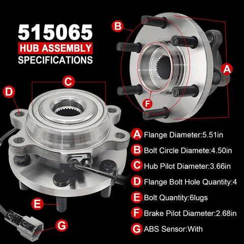 Beefed-Up 4WD Front Wheel Bearing Hub Assembly Pair 515065 specifications for SUVs and trucks, 6 lug with ABS.