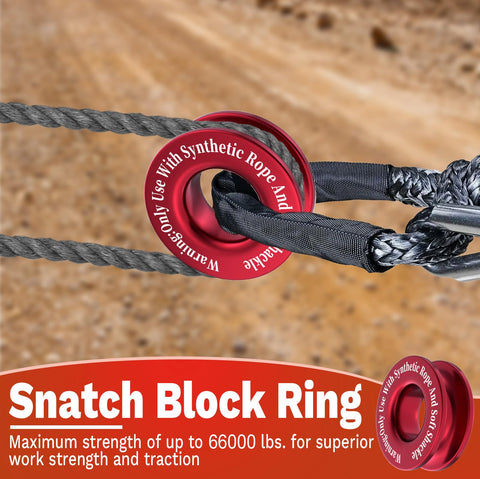 Red Heavy Duty Winch Snatch Recovery Ring 66,000 Lbs Break Strength Snatch Block Ring in use with synthetic rope and shackle
