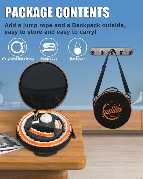 Weighted Infinity Hula Hoop for Weight Loss pack with jump rope and backpack on a wooden table