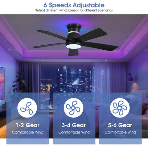 Dope 46 Inch Black Ceiling Fan With LED Lights And RGB Color Changing, shown in modern living room, highlighting speed settings.