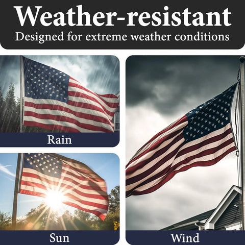 Rugged Outdoor American Flag 3x5 Foot Made In USA From 100 Percent Polyester Built To Last With Sewn Stripes And Embroidered Stars FMAA Certified Weatherproof Yard Flag For Outside Display in various weather conditions: rain, sun, wind.