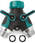 Two Way No Fuss Heavy Duty Garden Hose Splitter Y Valve With High Flow For Consistent Water Pressure And Ergonomic Rubber Handles For Easy On Off Control In Lawn And Garden Outdoor Watering, zinc alloy, front view