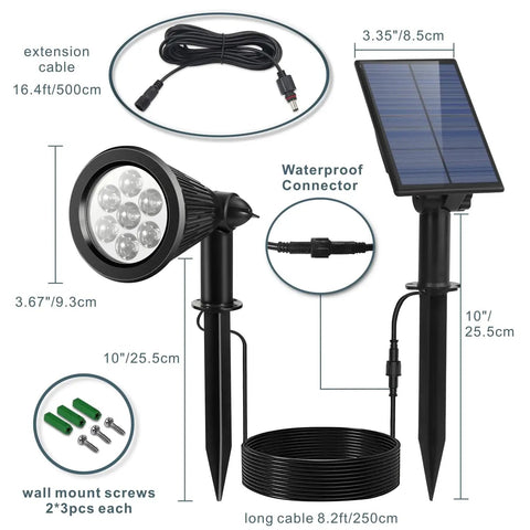 Outdoor Solar Spotlight With Separate Solar Panel And 24.6 Ft Waterproof Cable, Bright 7 LED Ground Flag Pole Light components