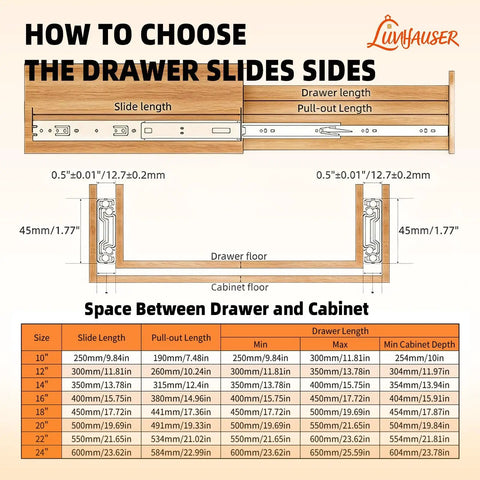 2 Pairs Soft Close Drawer Slides 10 Inch Heavy Duty Side Mount Full Extension Rails With Screws For Kitchen Cabinets 100Lb Capacity Anti Rust Long Lasting Silver Drawer Runners size chart and installation diagram