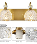 Two Light Brushed Gold Vanity Light Fixtures For Bathroom Over Mirror With Crystal Orb Shades Modern Glam Vanity Lighting
