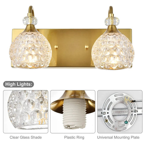 Two Light Brushed Gold Vanity Light Fixtures For Bathroom Over Mirror With Crystal Orb Shades Modern Glam Vanity Lighting