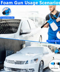 Person using Go To Car Wash Kit With Foam Gun And Brush Mop Large Folding Bucket Blue for washing white car