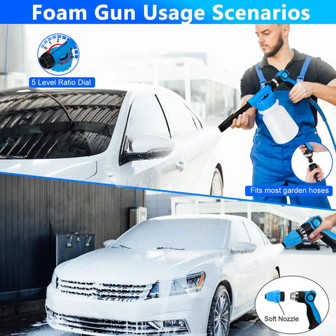 Person using Go To Car Wash Kit With Foam Gun And Brush Mop Large Folding Bucket Blue for washing white car