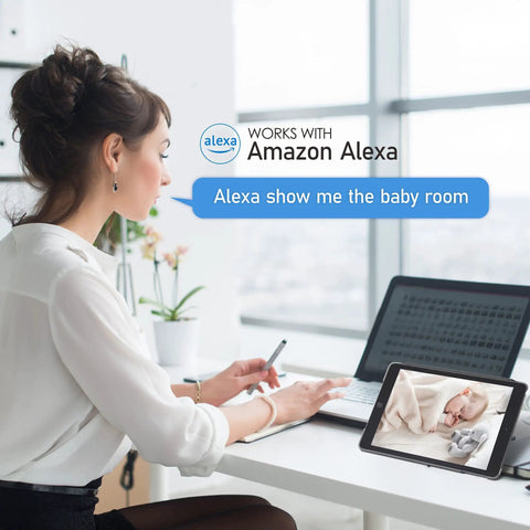 Woman using Alexa to view baby room on tablet, illustrating Four Pack Indoor 1080P Security Cameras With Motion Detection Night Vision.