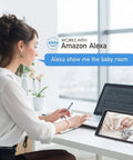 Woman using 1080P Home Security Camera Kit, 2 Pack with Free SD Cards, Motion Detection, 2 Way Audio, Night Vision, WiFi, Alexa integration.