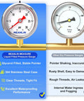 Side-by-side comparison of stainless steel and dry pressure gauges, highlighting features like glycerin fill, stability, and durability.