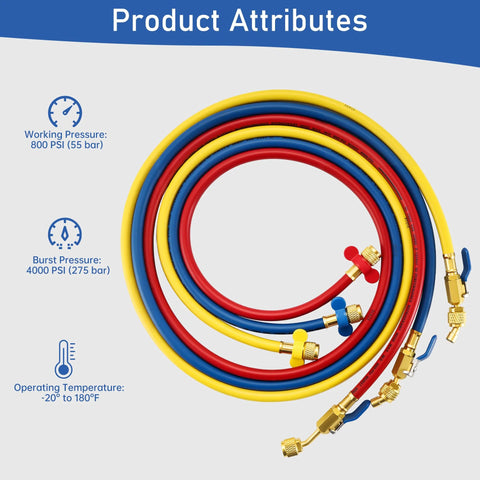 Lichamp A2L refrigerant hose set with ball valves, 60-inch, 3-pack; red, blue, yellow hoses with brass fittings.