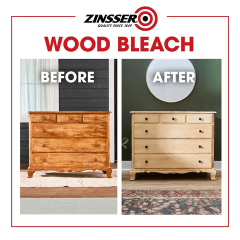 Before and after image of dresser using Game Changing Two Step Wood Bleach Kit For Interior Wood To Brighten Lighten Stripped Surfaces.