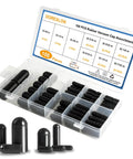 Front view of 108-piece rubber vacuum cap set in a clear plastic storage case with black hose-end caps.