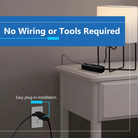 Heavy Duty Tabletop Lamp Dimmer Switch With No Sweat Plug And Play Setup For Smooth Brightness Control On CFL And LED Fixtures Up To Two Hundred Watts Total Rock Solid Performance UL Listed Black Housing, plug-in installation on bedside table.