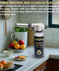 Butane fuel canister with nozzle on kitchen counter, next to fruits and garden view, promoting fuel line maintenance.