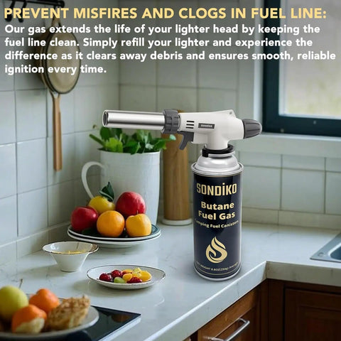 Butane fuel canister with nozzle on kitchen counter, next to fruits and garden view, promoting fuel line maintenance.