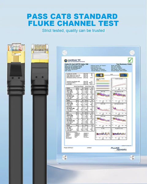 Close-up of Flat Cat 8 Ethernet Cable 6ft 3 Pack SFTP High Speed 40Gbps next to a Fluke channel test certificate.