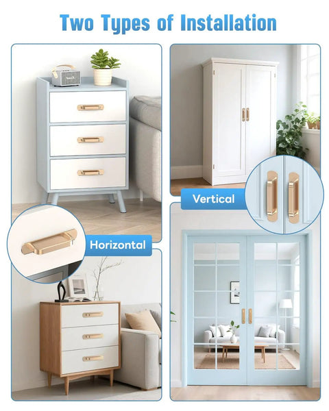 5.7 Inch Self Adhesive Cabinet Handle Stick On Aluminum Barn Door Pull for Closet Kitchen Cupboard Drawer Window Glass Door No Drill Easy Peel And Stick Gold Finish Set Of 2 installed horizontally and vertically on furniture and glass doors.