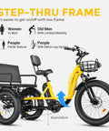 Step-thru frame design of Two Seater Adult Electric Trike With 750 Watt Rear Motor And Chunky Fat Tires in vivid orange.