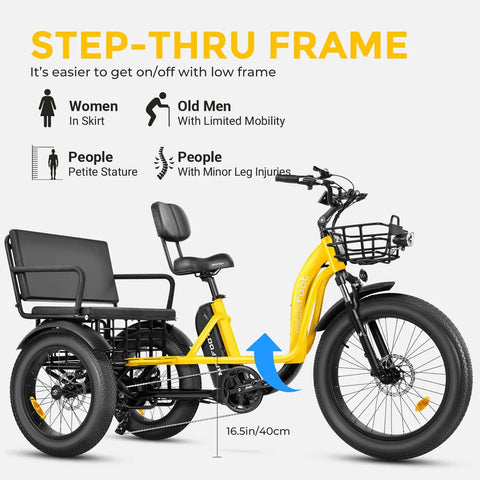 Step-thru frame design of Two Seater Adult Electric Trike With 750 Watt Rear Motor And Chunky Fat Tires in vivid orange.