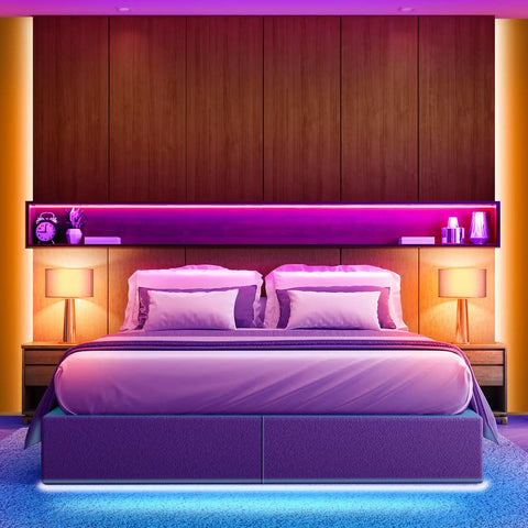 Bedroom with Two Rolls 130 Ft LED Strip Lights for Bedroom Color Changing Lights with Music Sync App Control and Remote under bed and shelf