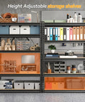 Five Tier Heavy Duty Metal Shelving Rack Featuring Fully Adjustable Levels Seventy Two Inches High By Thirty Six Inches Wide Hauls Up To Two Thousand Pounds For Garage Shop Bosses with organized storage boxes and tools.