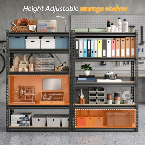 Five Tier Heavy Duty Metal Shelving Rack Featuring Fully Adjustable Levels Seventy Two Inches High By Thirty Six Inches Wide Hauls Up To Two Thousand Pounds For Garage Shop Bosses with organized storage boxes and tools.