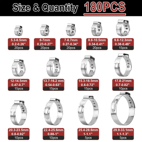 180 Piece Single Ear Hose Clamp Set In 13 Sizes 5.3 To 31.1mm 304 Stainless Steel Cinch Clamp Rings Assortment Display