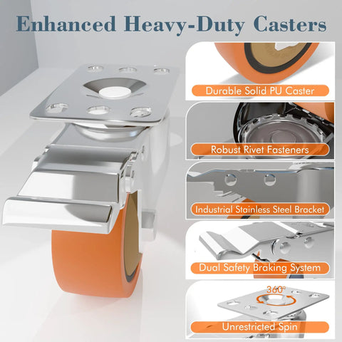 Close-up view of 3 Inch 304 Stainless Steel Caster Wheels Set Of 2 With Swivel Brake Rust Resistant Heavy Duty Industrial Casters.